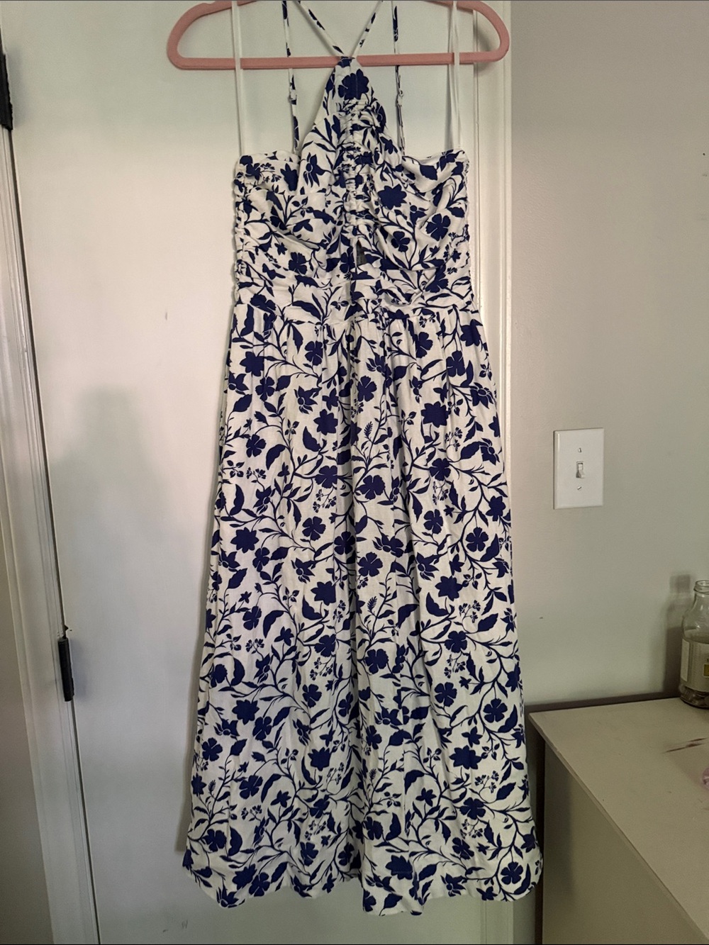 White and Navy Floral Halter Maxi Dress
